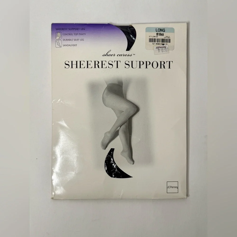 Vtg Sheer‎ Caress Sheerest Support LONG Pantyhose Off Black Control Top Sandal